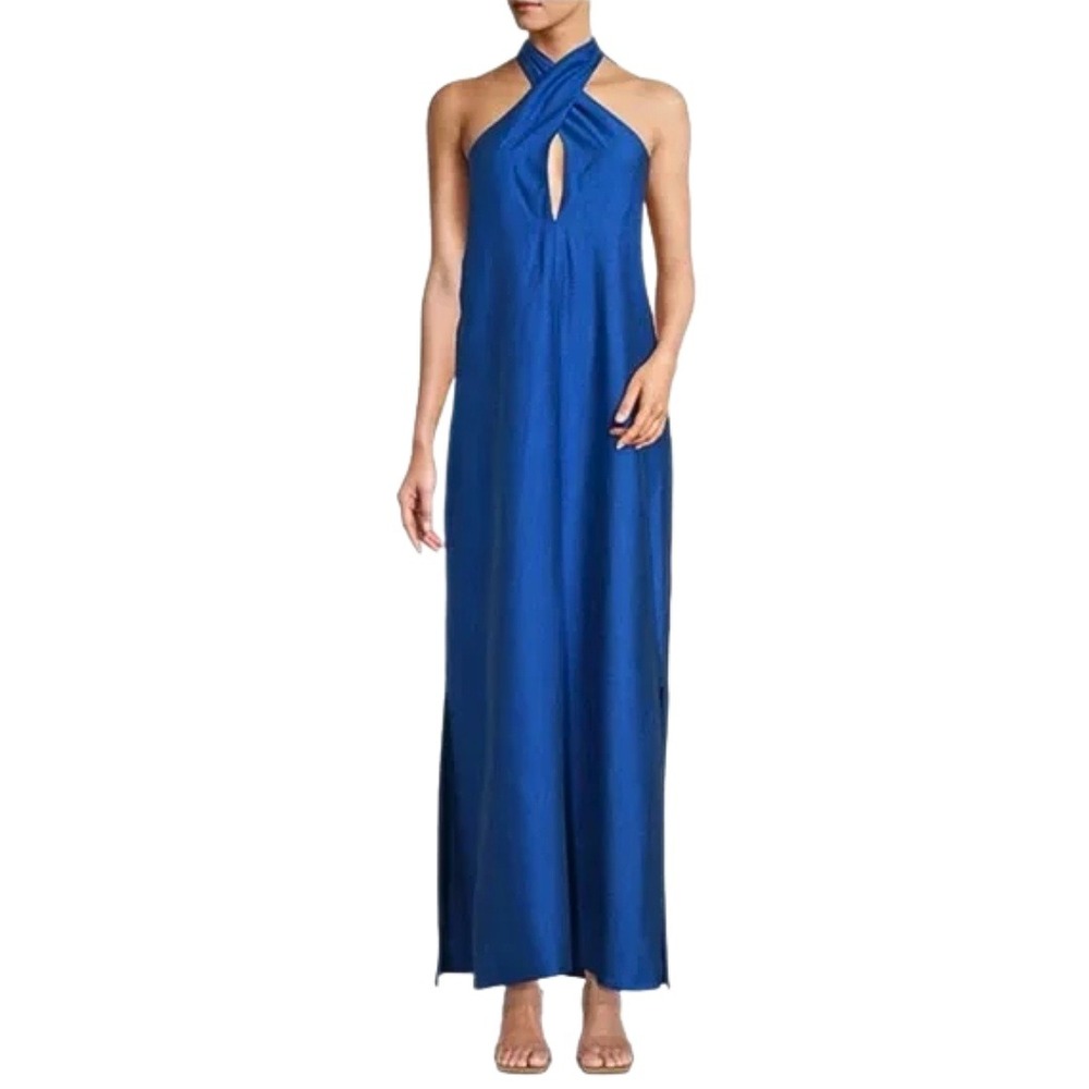 Antonio Melani Dress Womens Medium Blue Halter Maxi Resortwear Quiet Luxury NEW